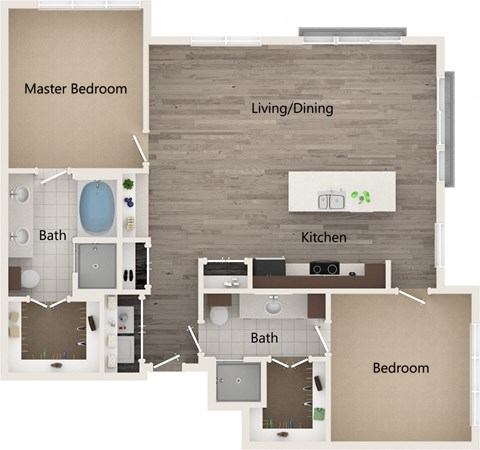 A floor plan of a house showing a master bedroom, a living/dining area, a kitchen, and two bathrooms.
